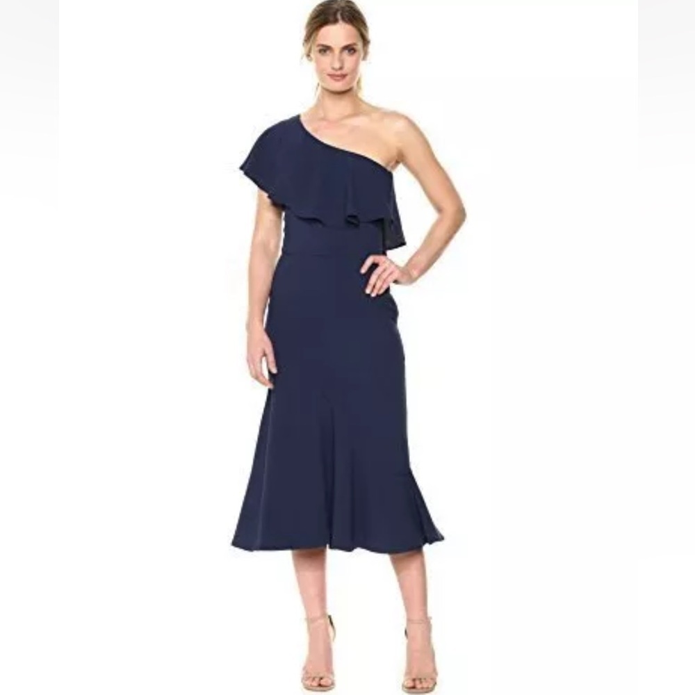 Dress The Population Navy Blue Raquel One Shoulder Midi Dress